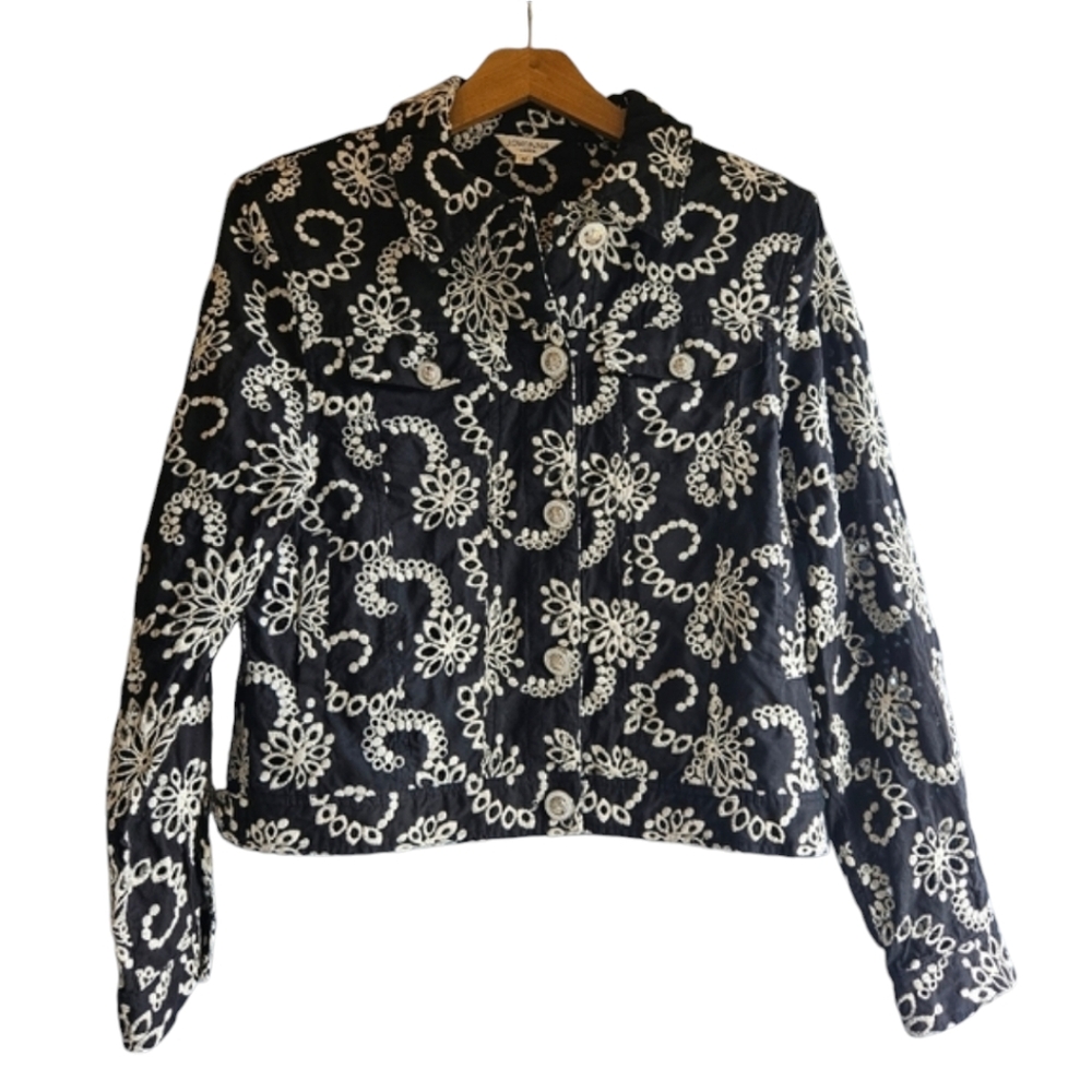Jovonna London Women's Black Embroidered Cotton Jacket w. Pockets Sz Medium‎